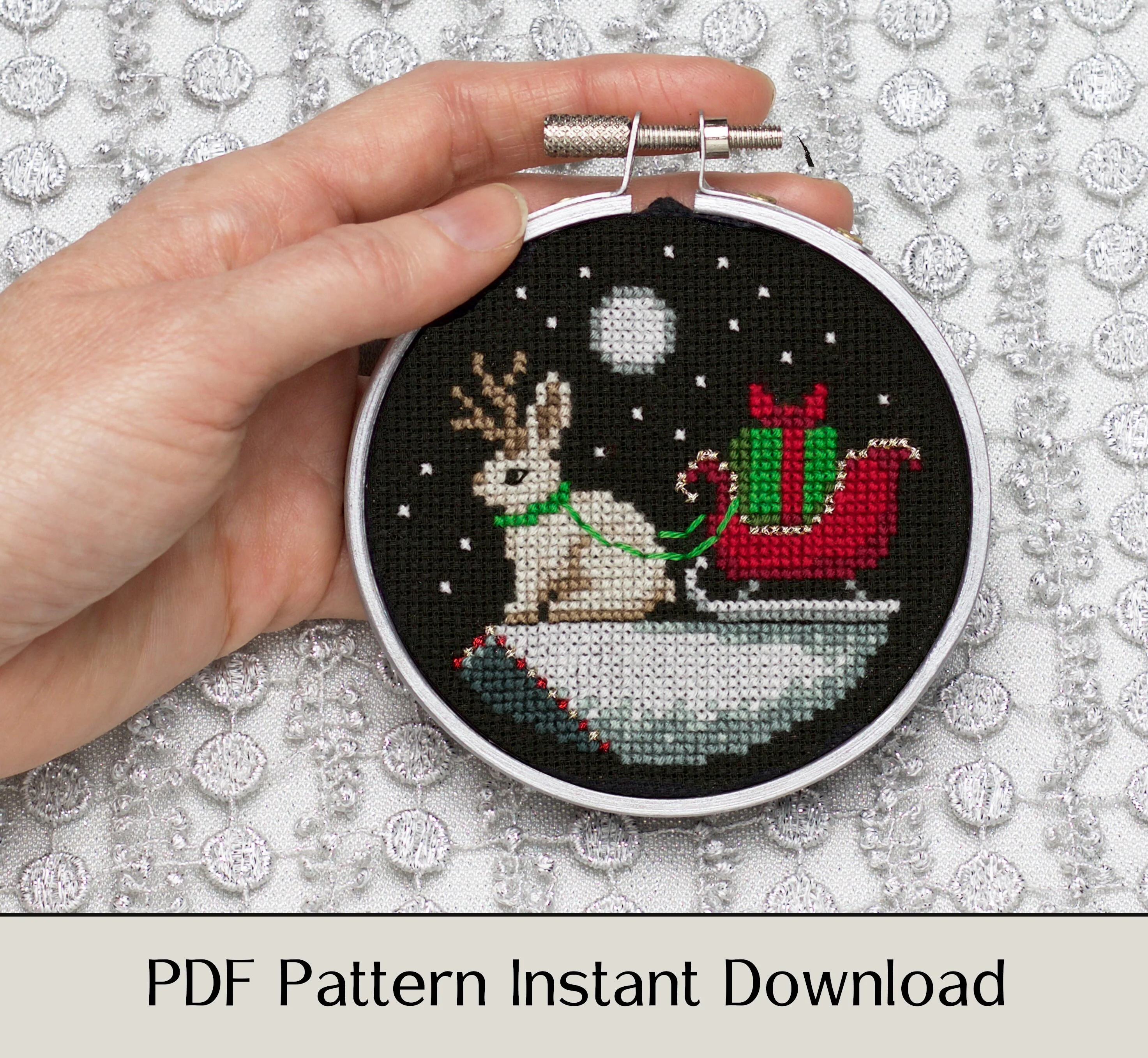 A Miniature Sleigh and a Jackalope - Digital PDF Cross Stitch Pattern - Image 3